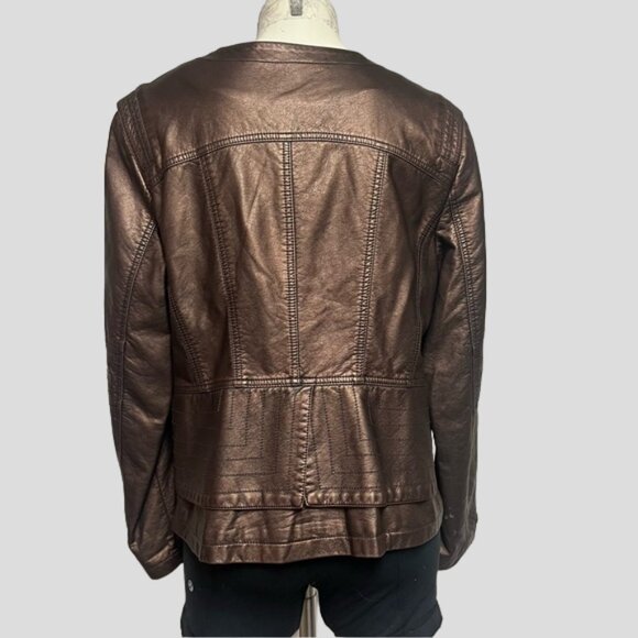 Cleo Metallic Bronze Faux Leather Moto Style Bomber Jacket - Picture 2 of 9
